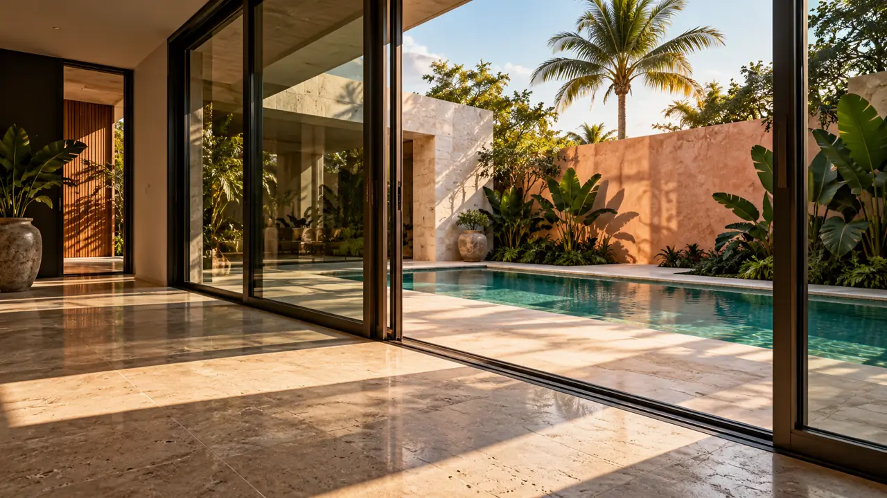 Florida courtyard seen through open sliding glass doors