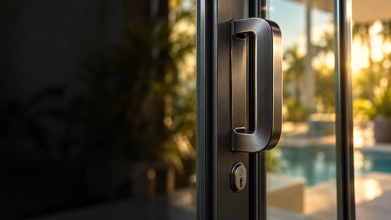 Brushed metal sliding door pull handle and keyed lock